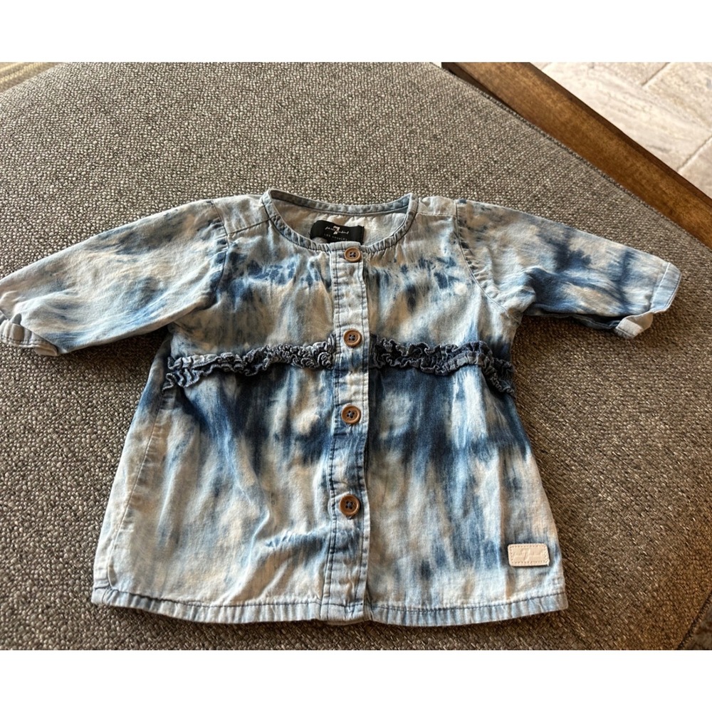 7 For All Mankind Baby Girls Tie Dye Button Down‎ Ruffle Top Blue White 24M